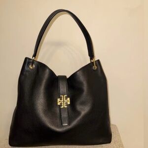 Tory Burch Black Leather Shoulder Bag with Gold Accent